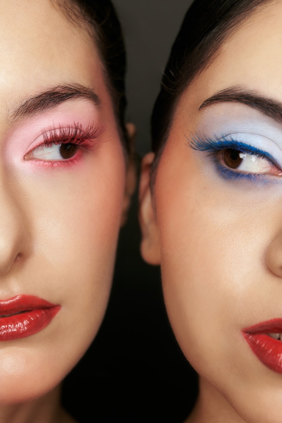 Dos rostros con maquillaje rosa y azul